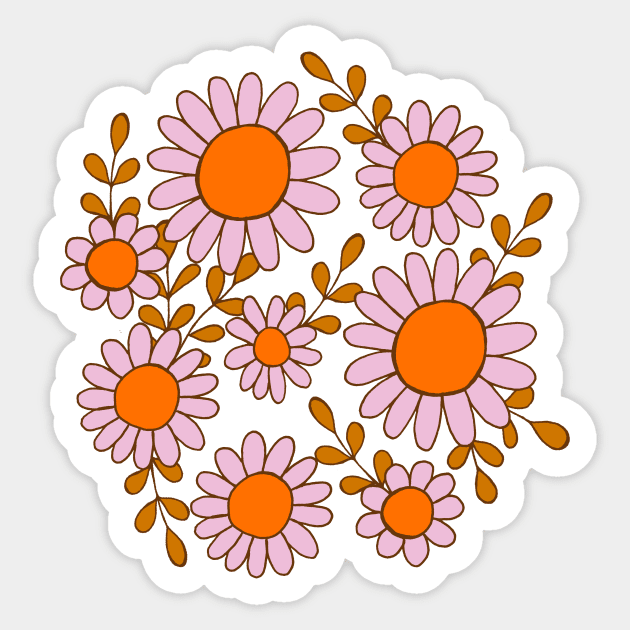 Retro 70s daisy flowers botanical design in orange and pink Sticker by Natalisa